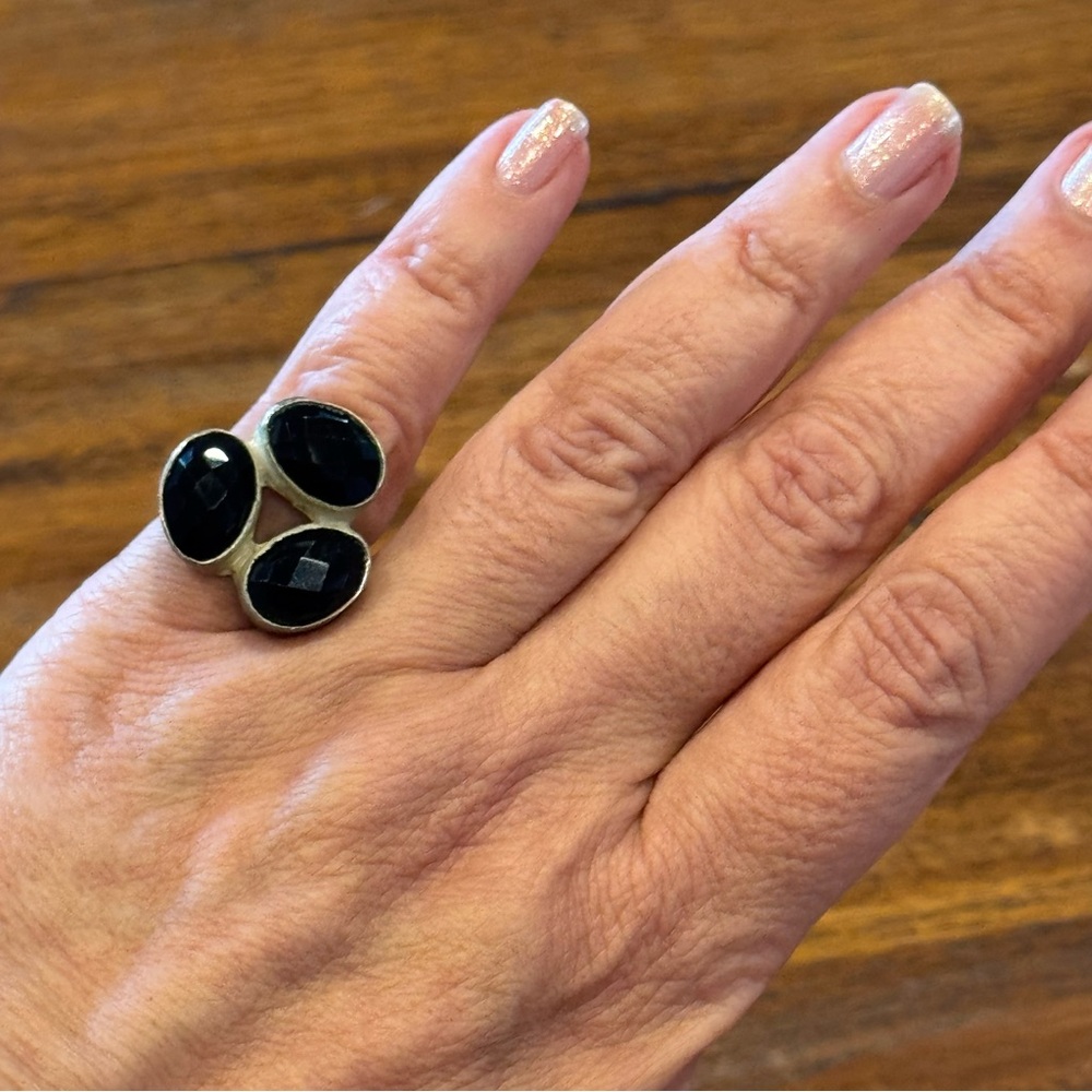 Classic Black Stone Triple Oval Ring - Women's Jewelry
